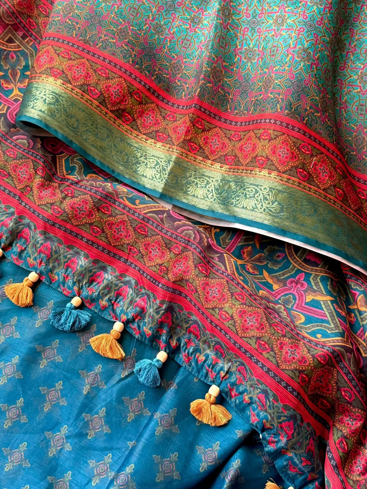 Teal Blue & Magenta Floral Heritage Saree