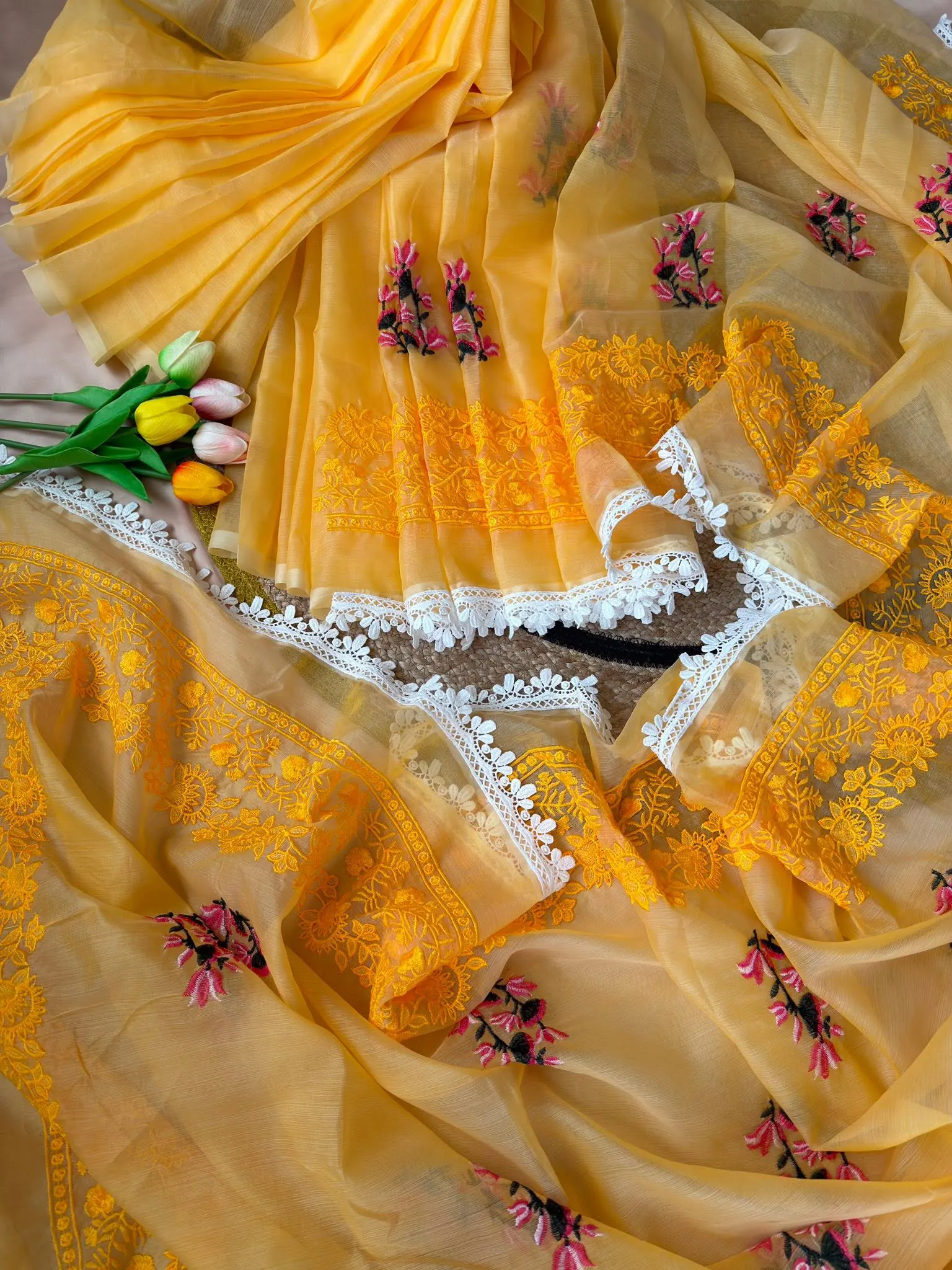 Golden Yellow Floral Embroidered Saree with Lace Border - Image 2