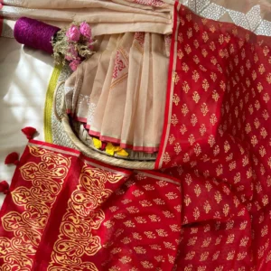 Crimson Red & Beige Gold Motif Saree