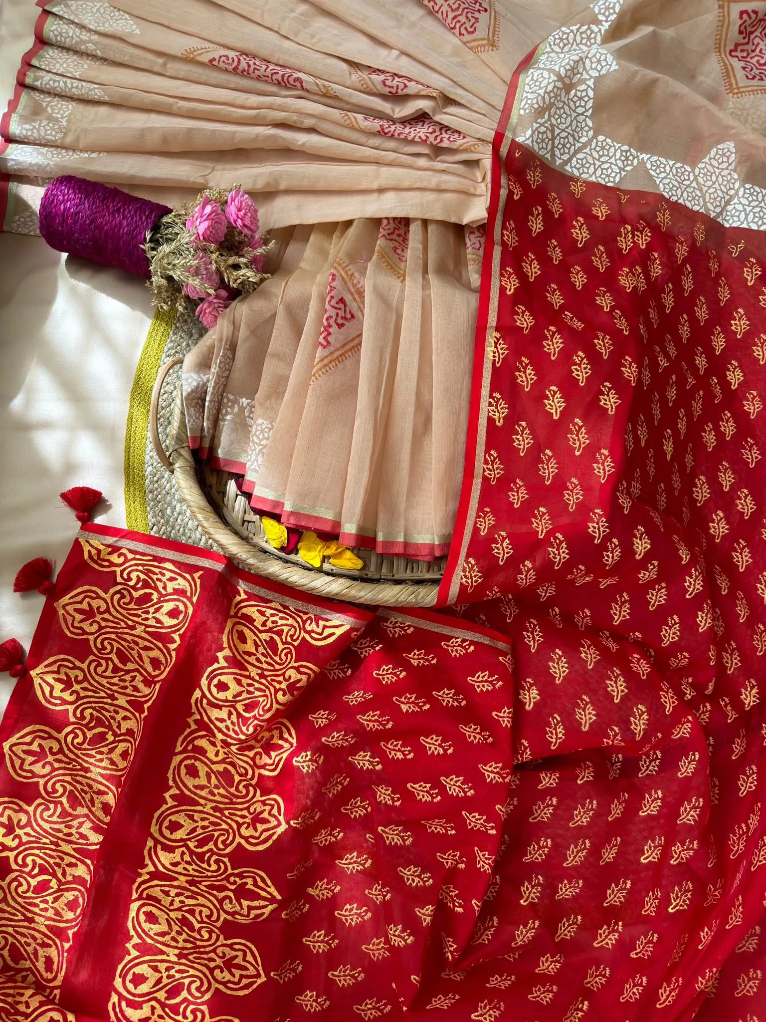 Crimson Red & Beige Gold Motif Saree