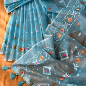 Sky Blue Geometric Motif Saree with Tassel Pallu