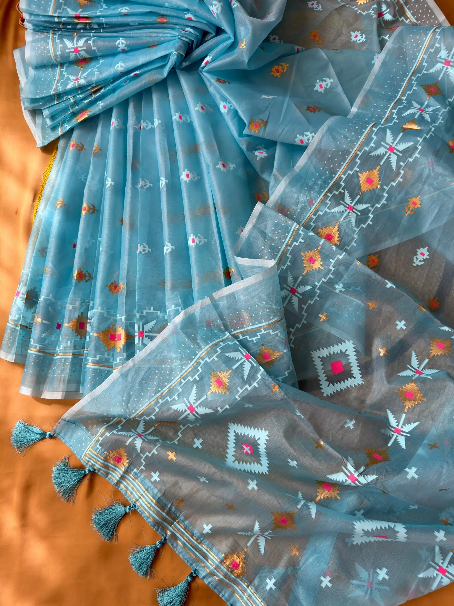 Sky Blue Geometric Motif Saree with Tassel Pallu