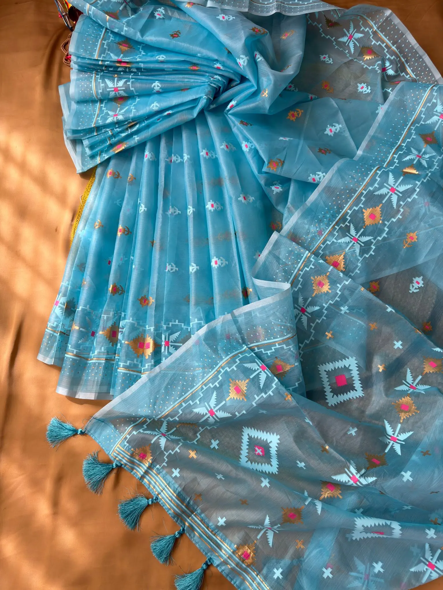Sky Blue Geometric Motif Saree with Tassel Pallu - Image 6