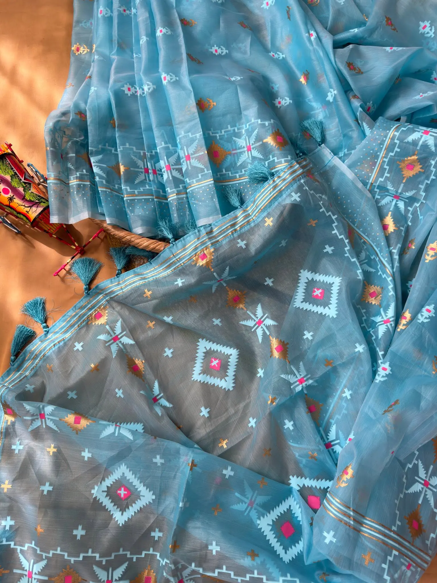 Sky Blue Geometric Motif Saree with Tassel Pallu - Image 5