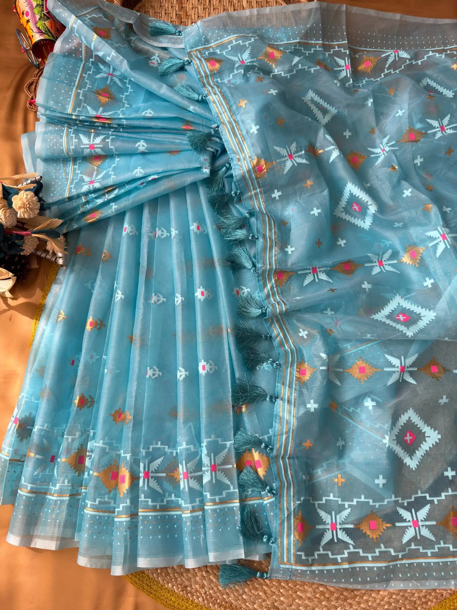 Sky Blue Geometric Motif Saree with Tassel Pallu - Image 4