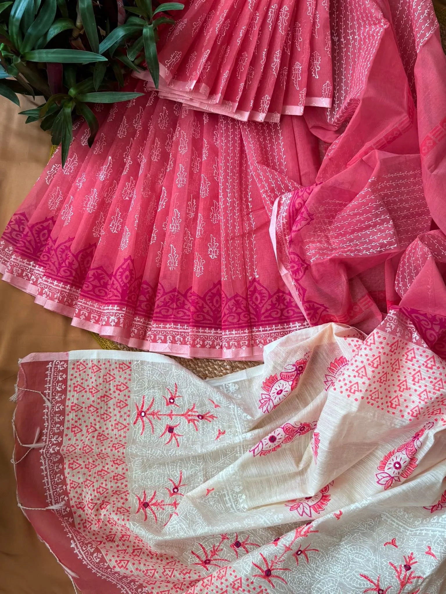 Rose Pink & Ivory Floral Printed Saree