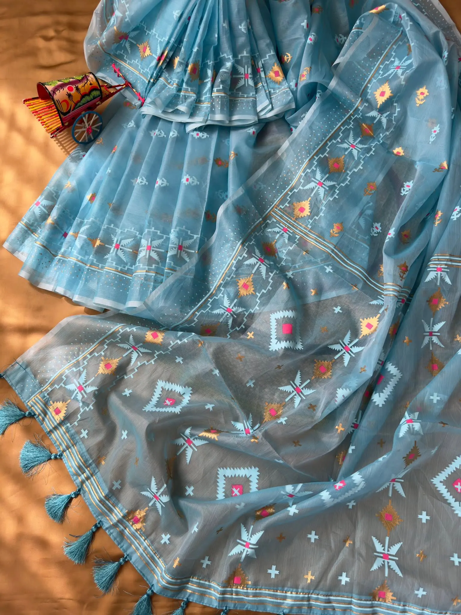 Sky Blue Geometric Motif Saree with Tassel Pallu - Image 2