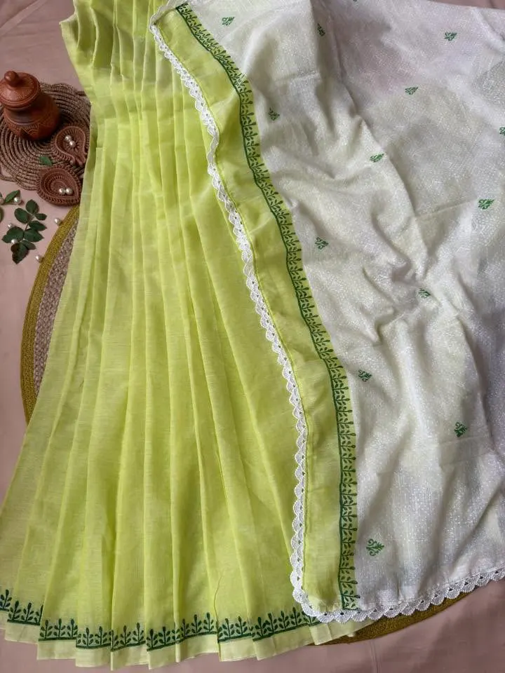 Lime Green & White Floral Printed Saree - Image 6