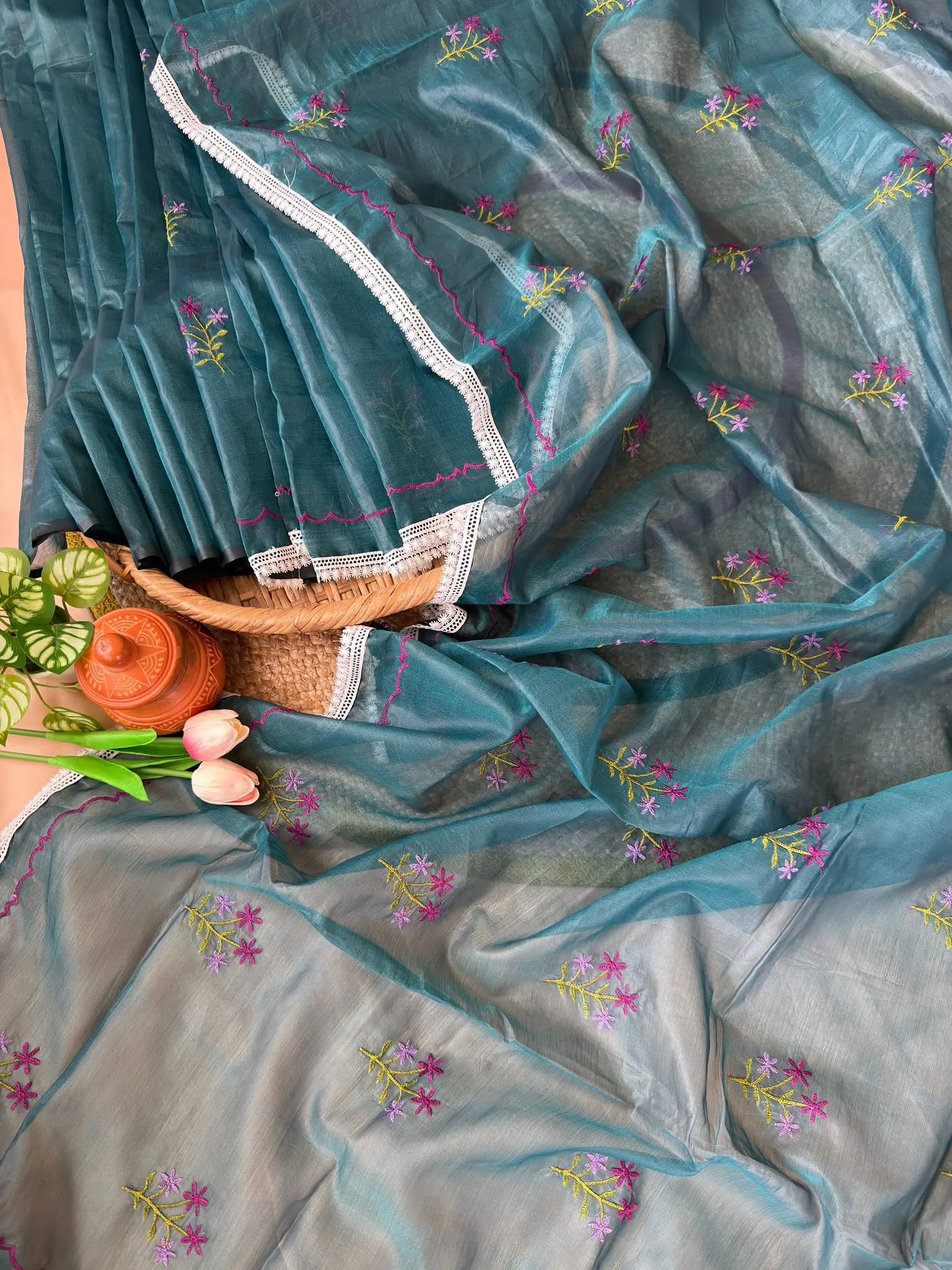 Sky Blue Geometric Motif Saree with Tassel Pallu - Image 3