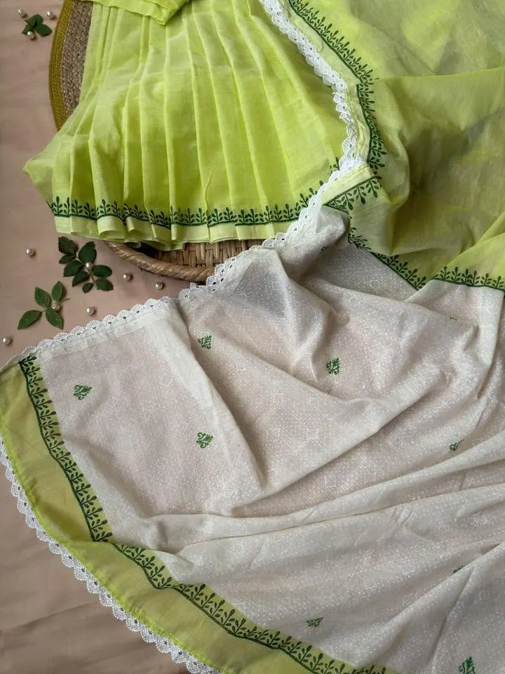 Lime Green & White Floral Printed Saree - Image 5