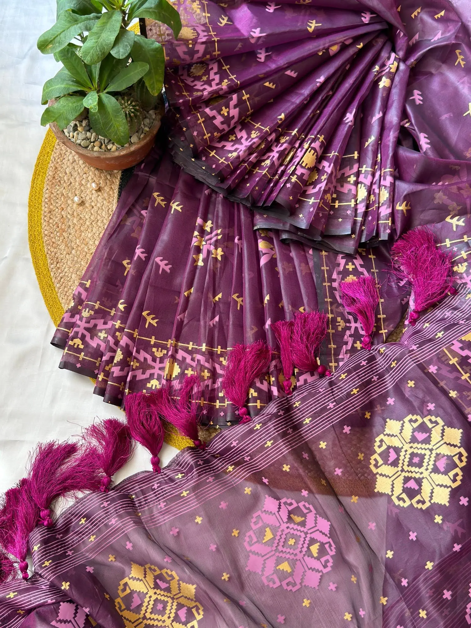 Royal Plum Geometric Motif Saree with Tassel Pallu