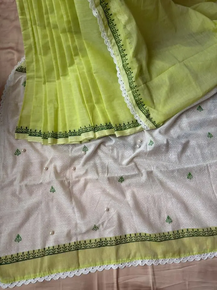 Lime Green & White Floral Printed Saree - Image 4