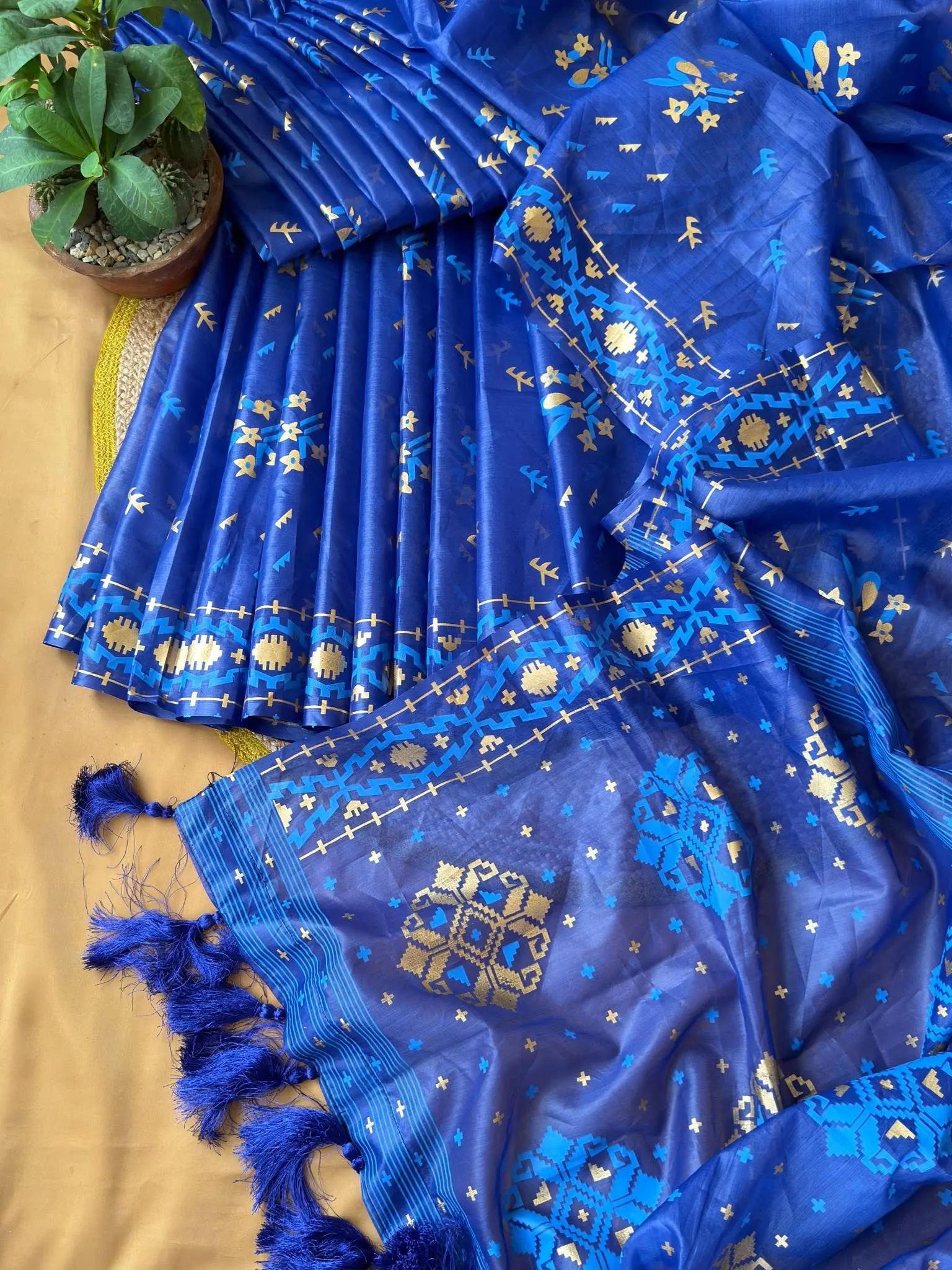 Royal Blue Geometric Motif Saree with Tassel Pallu