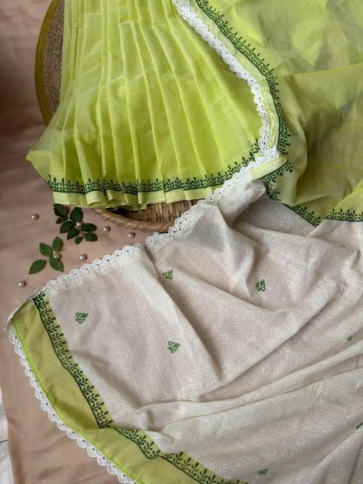 Lime Green & White Floral Printed Saree - Image 3