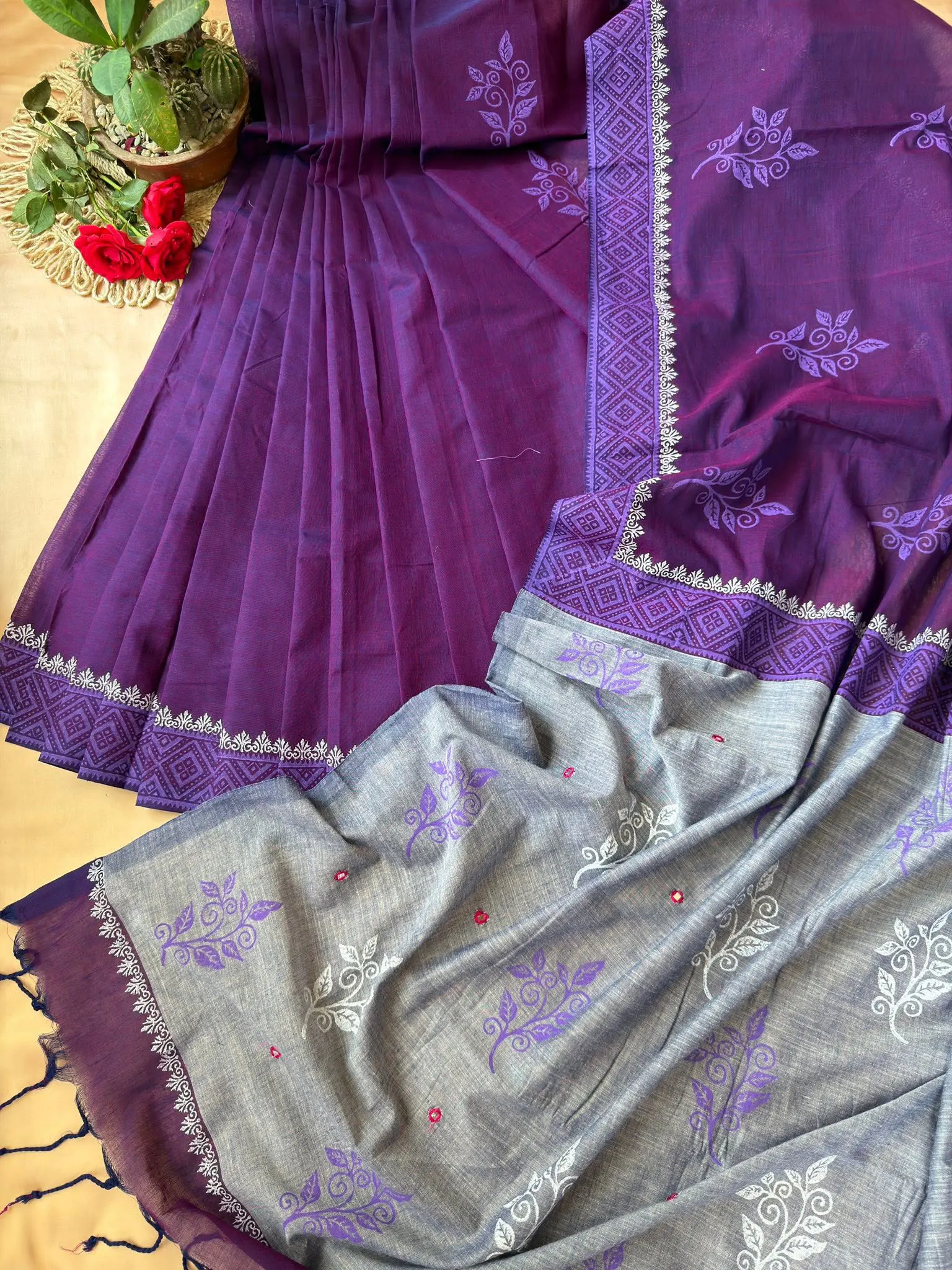 Deep Purple & Silver Floral Printed Saree