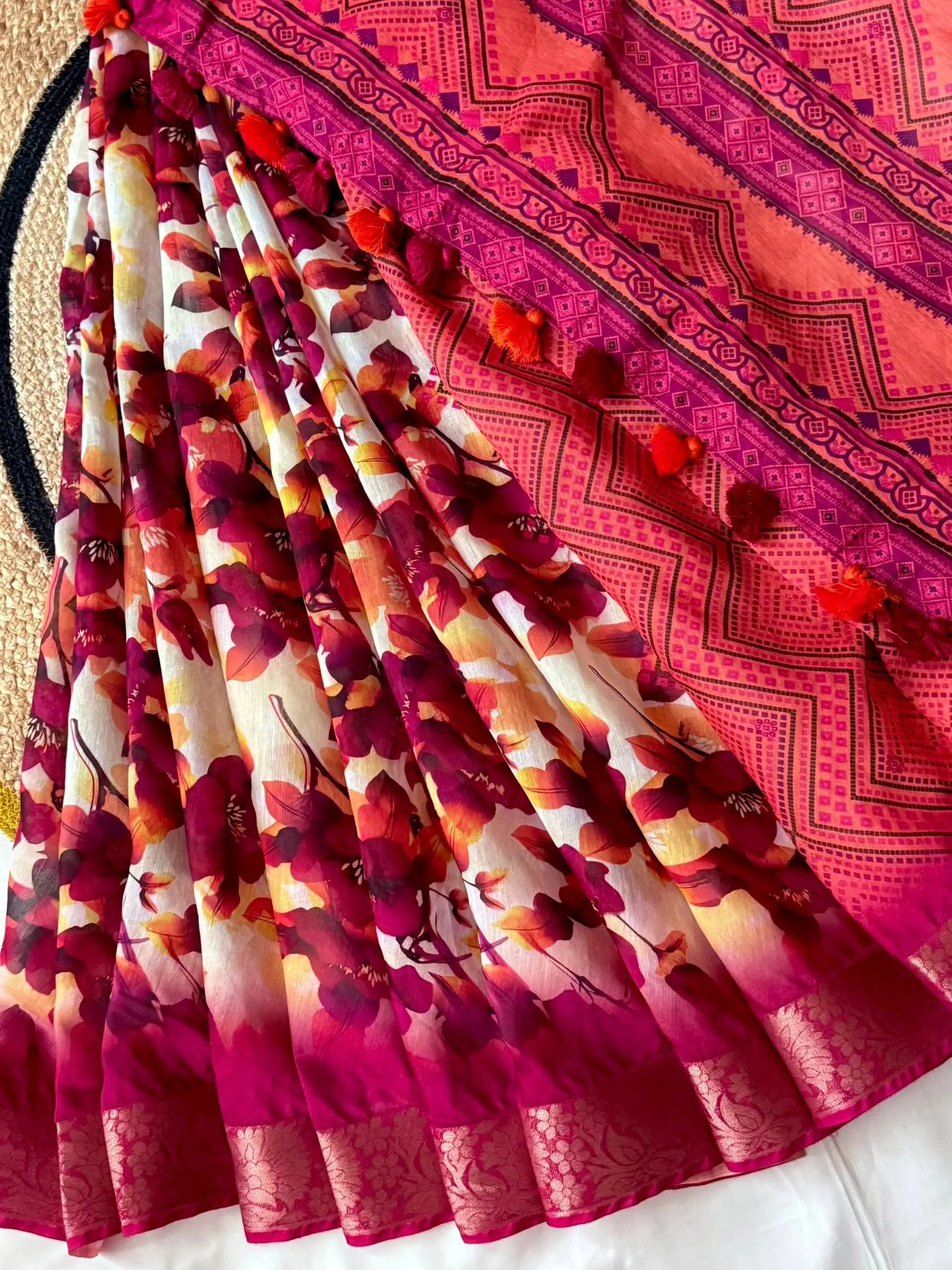 Magenta Floral Printed Saree with Tassel Pallu