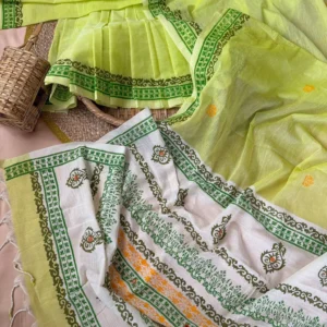 Lime Green & White Floral Printed Saree