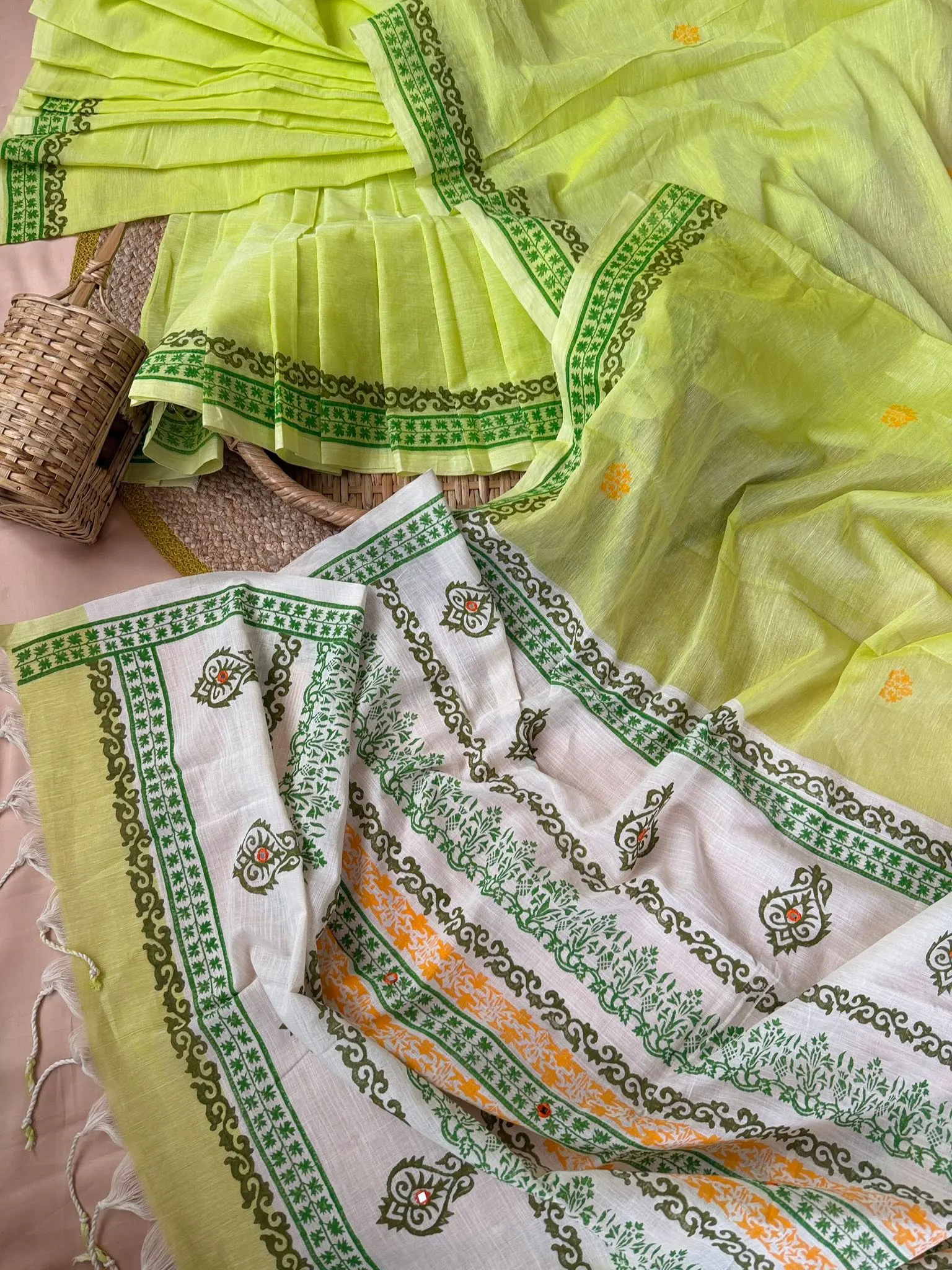 Lime Green & White Floral Printed Saree