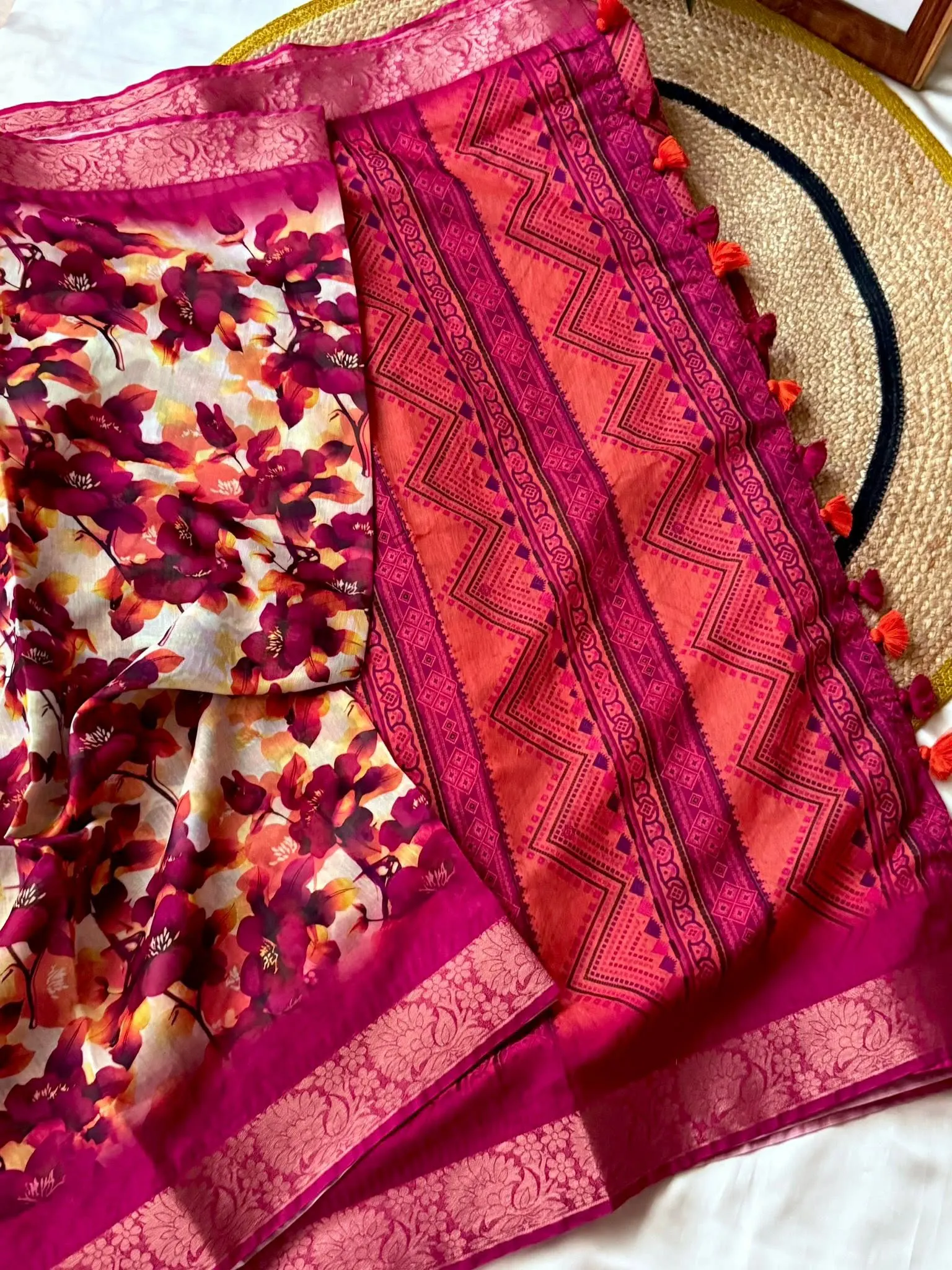 Magenta Floral Printed Saree with Tassel Pallu - Image 5