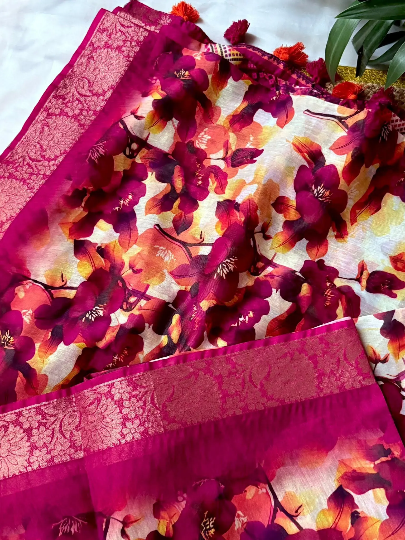 Magenta Floral Printed Saree with Tassel Pallu - Image 3