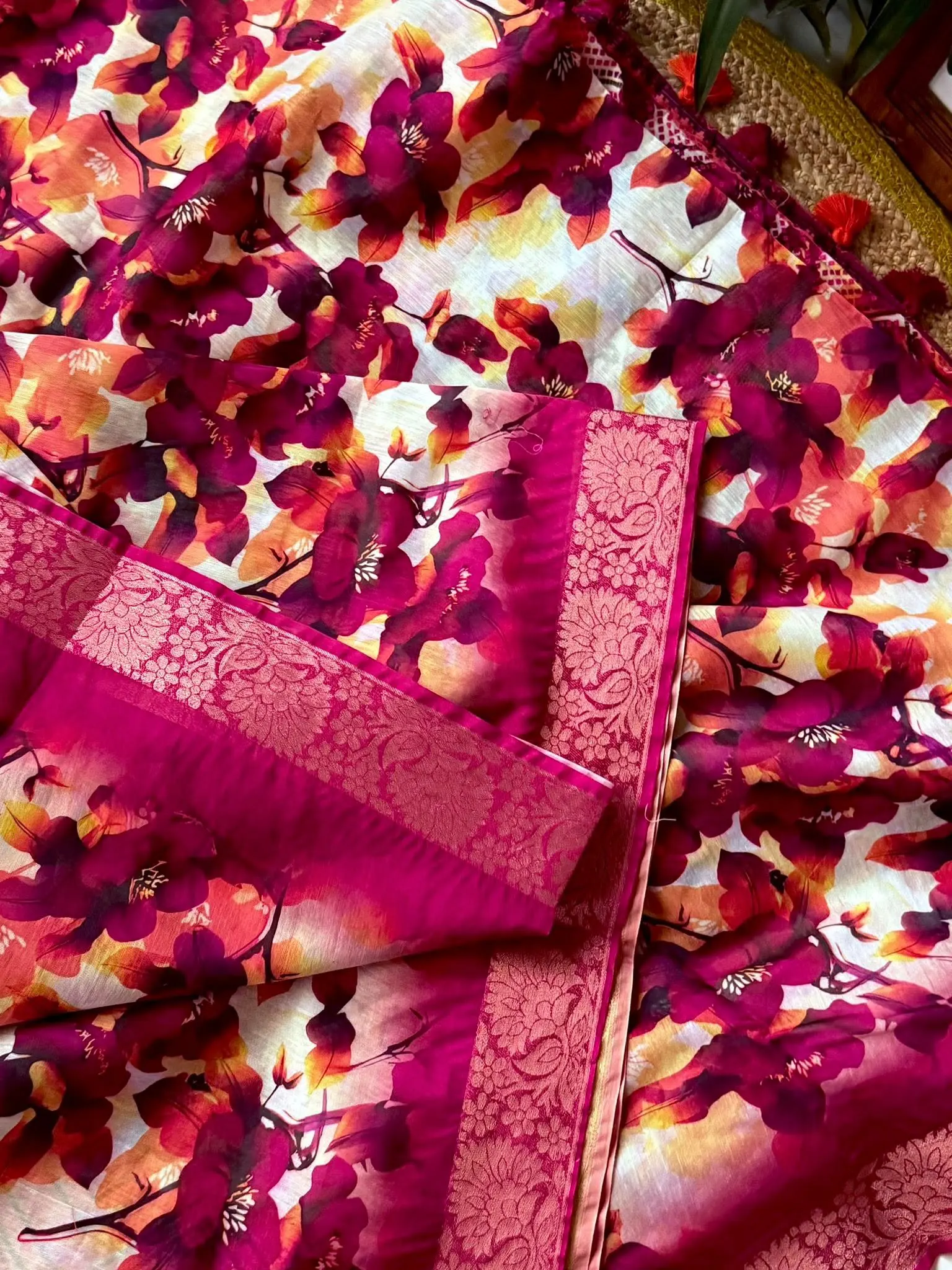 Magenta Floral Printed Saree with Tassel Pallu - Image 2