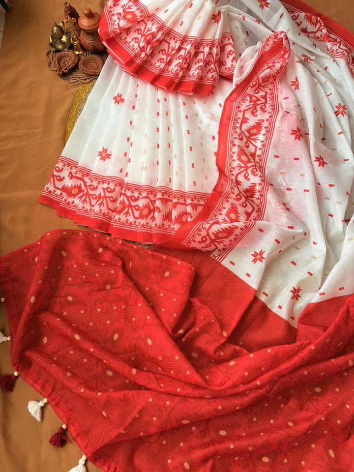 White & Red Floral Printed Saree