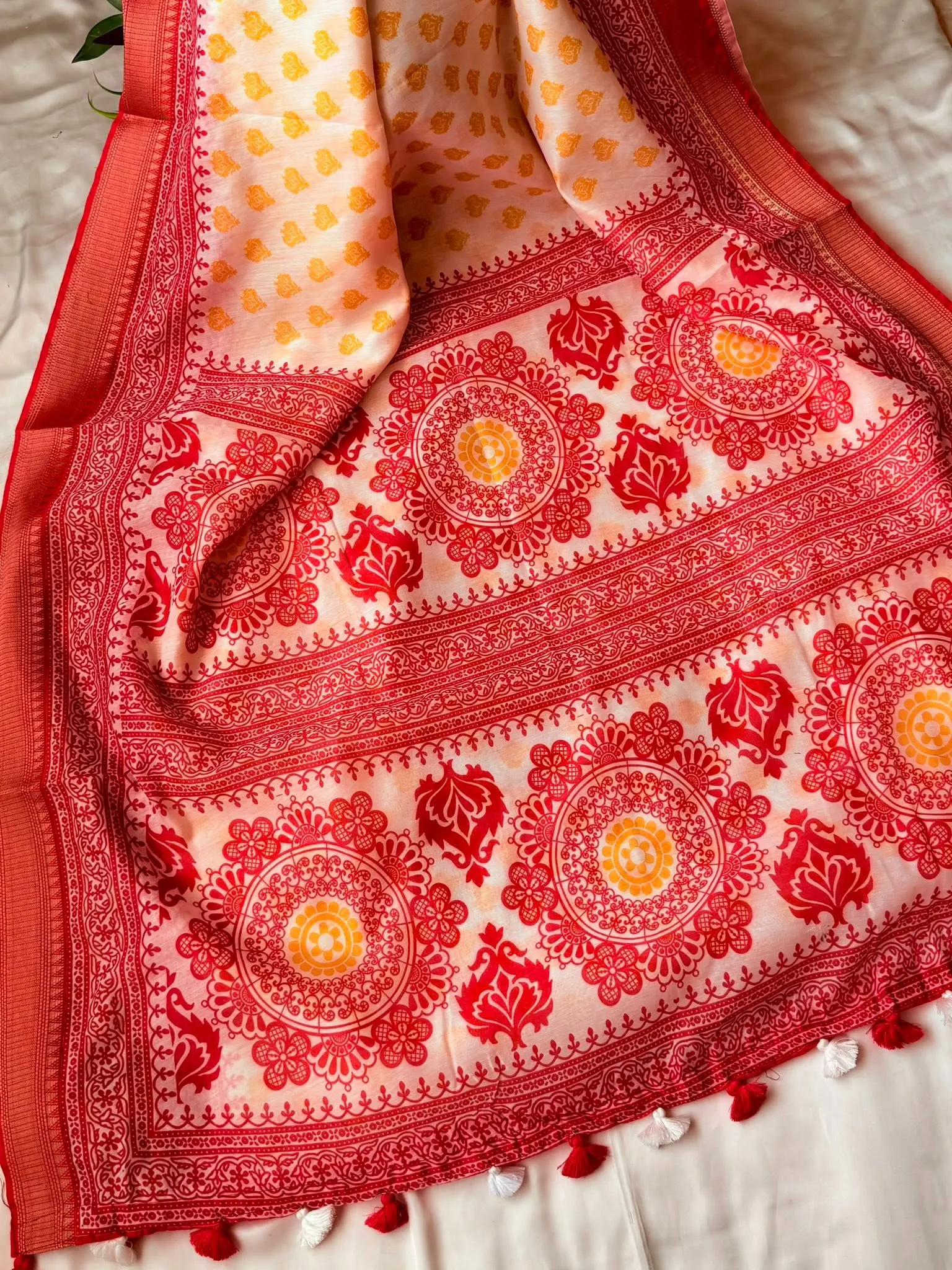 White & Red Floral Medallion Saree