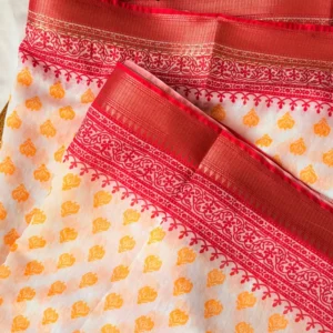 White & Red Floral Printed Saree