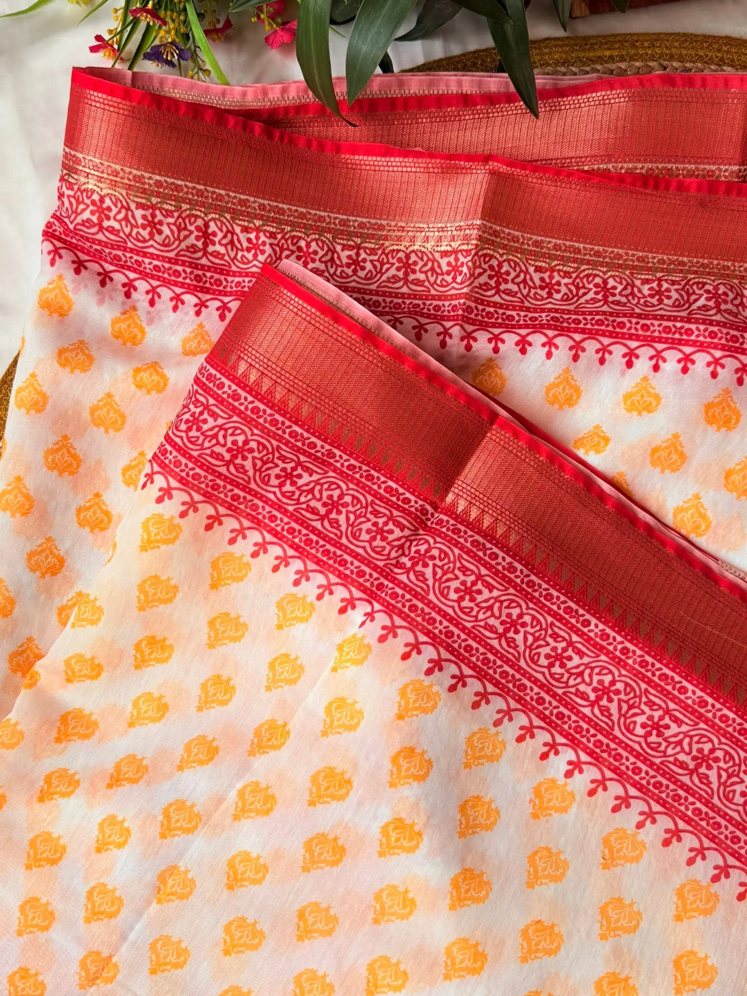White & Red Floral Printed Saree