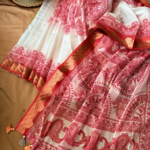 White & Red Paisley Printed Saree