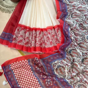 Red & Ivory Paisley Print Saree
