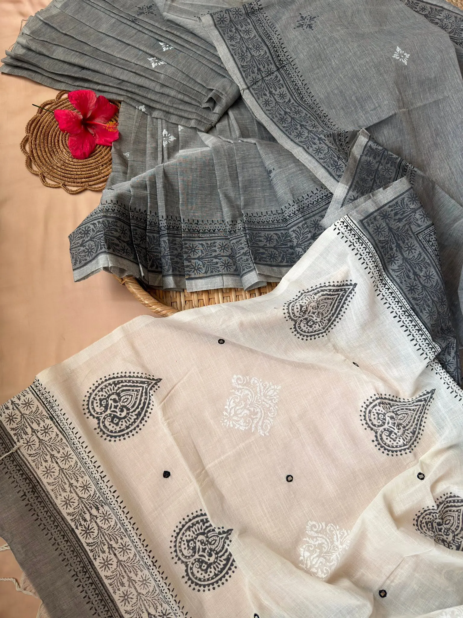 Grey & Ivory Floral Block Print Saree - Image 6