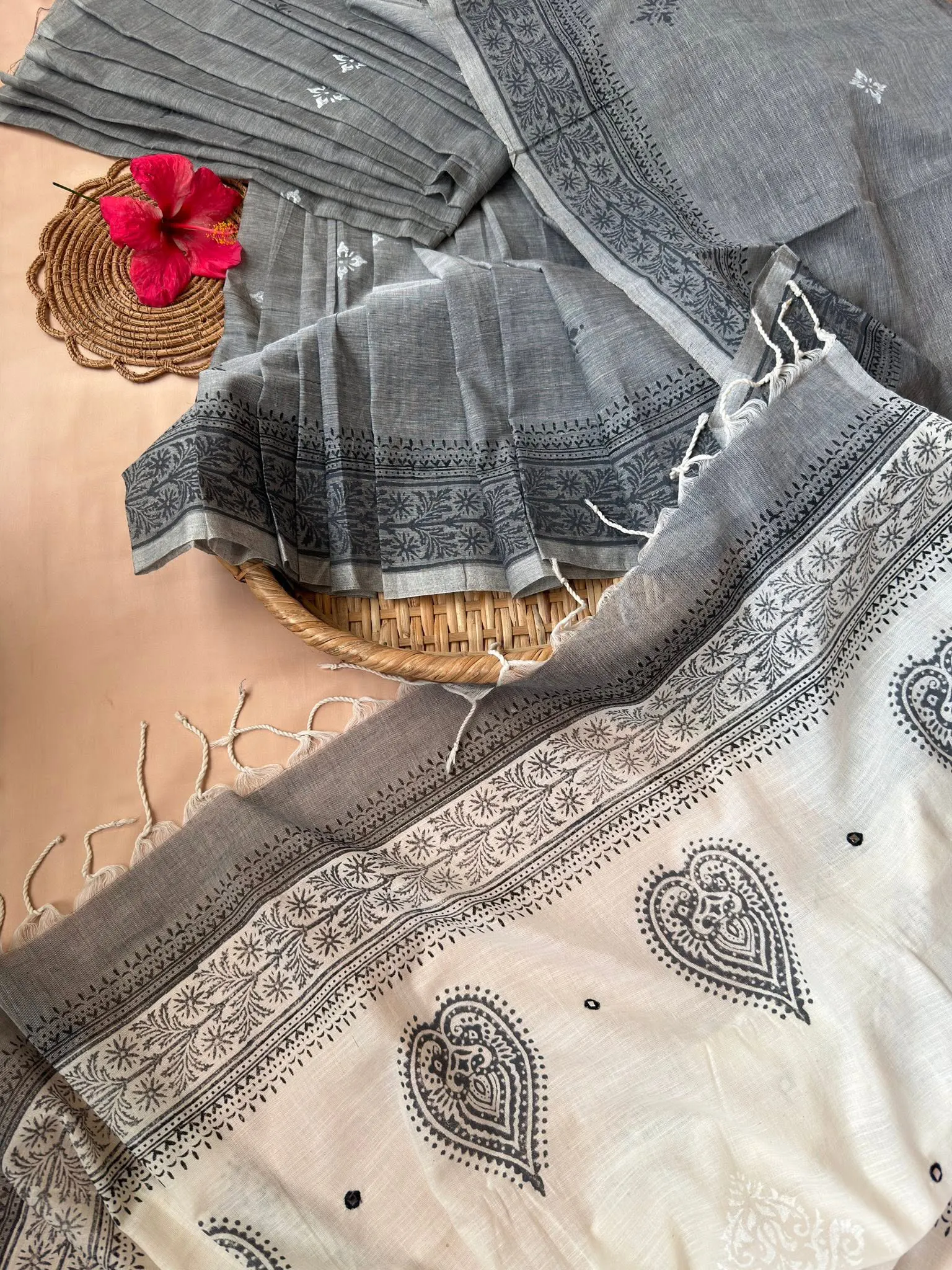 Grey & Ivory Floral Block Print Saree - Image 3
