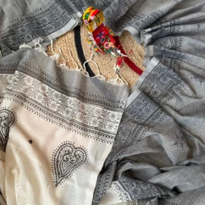 Grey & Ivory Floral Block Print Saree