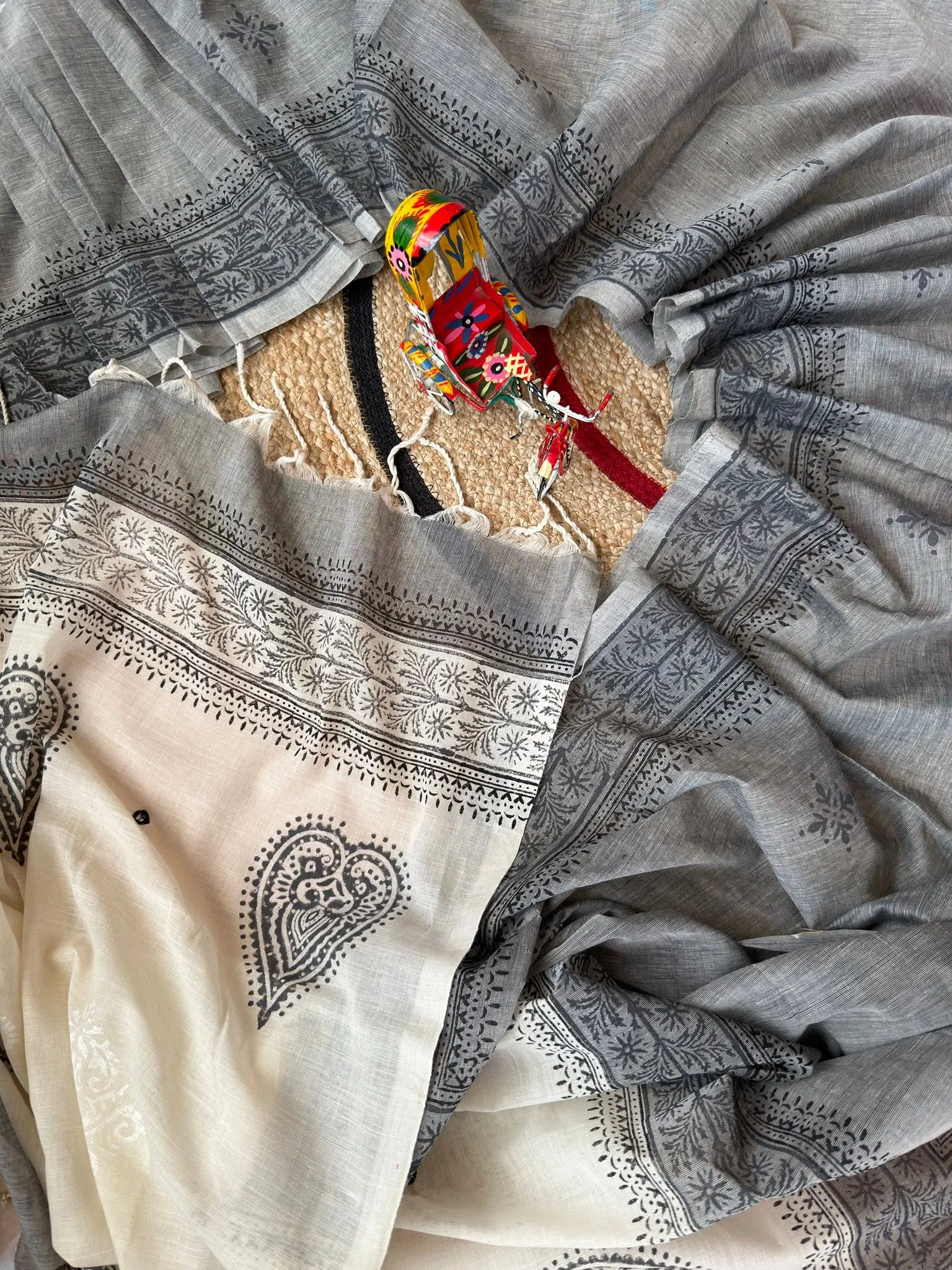 Grey & Ivory Floral Block Print Saree