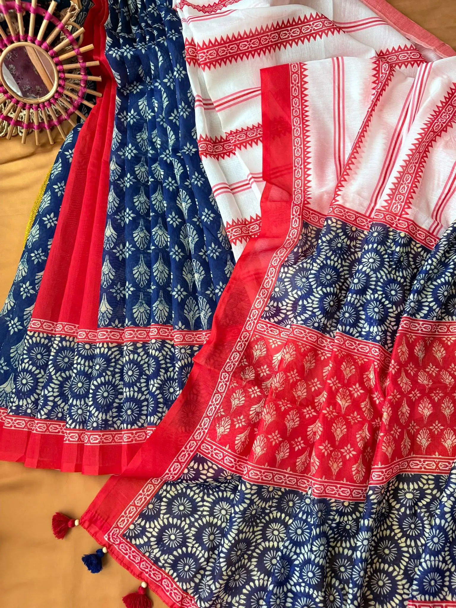 Navy Blue & Red Floral Printed Saree