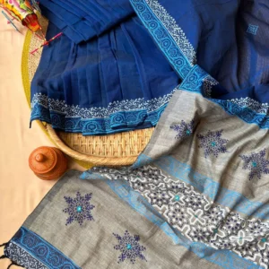 Royal Blue & Grey Floral Border Saree