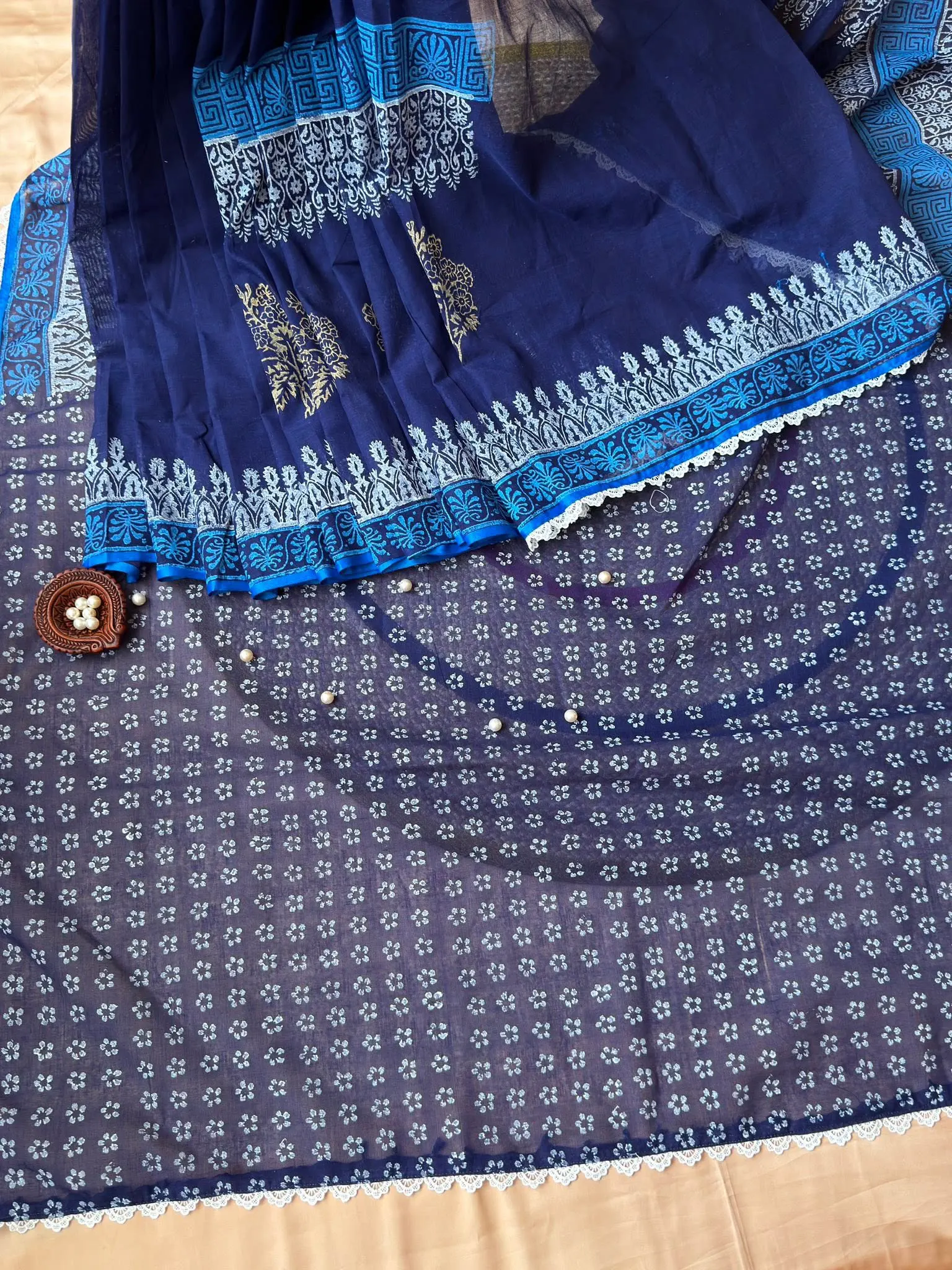 Midnight Blue Floral Border Saree with Sky Blue Accents - Image 3