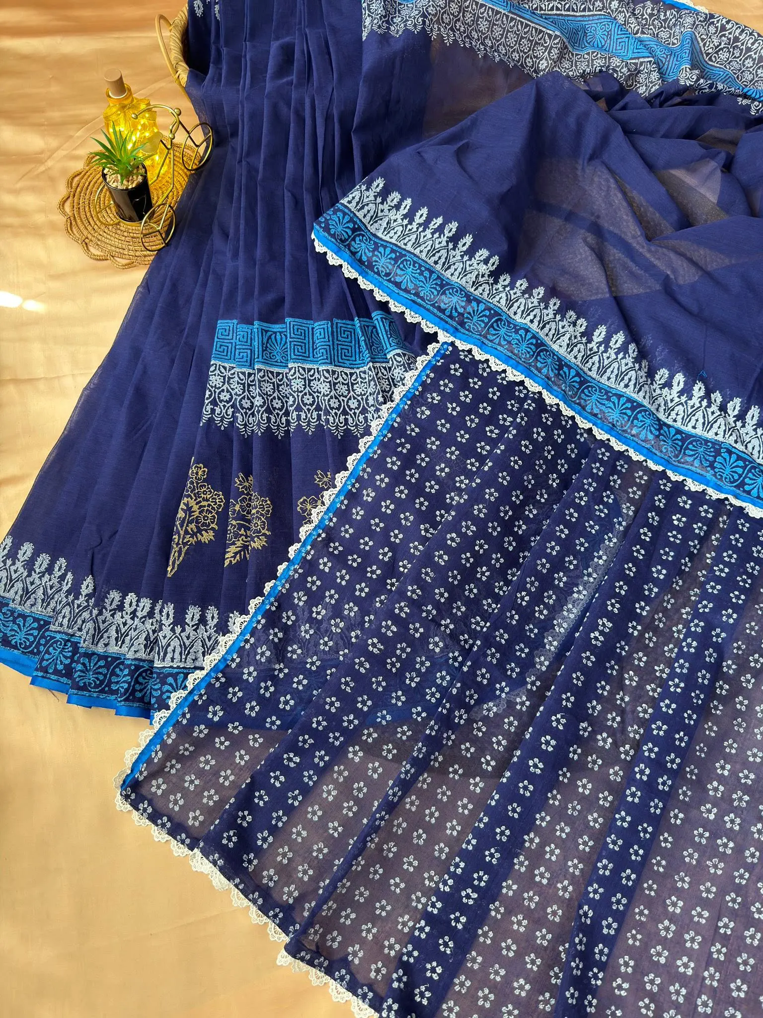Midnight Blue Floral Border Saree with Sky Blue Accents - Image 4