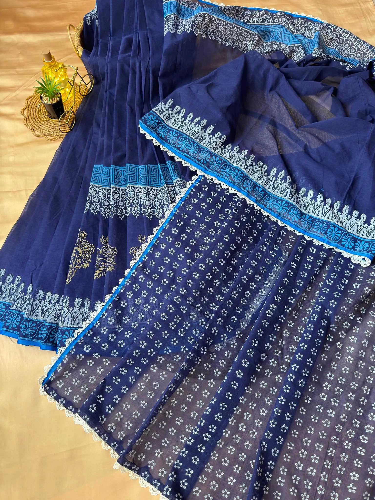 Midnight Blue Floral Border Saree with Sky Blue Accents - Image 5
