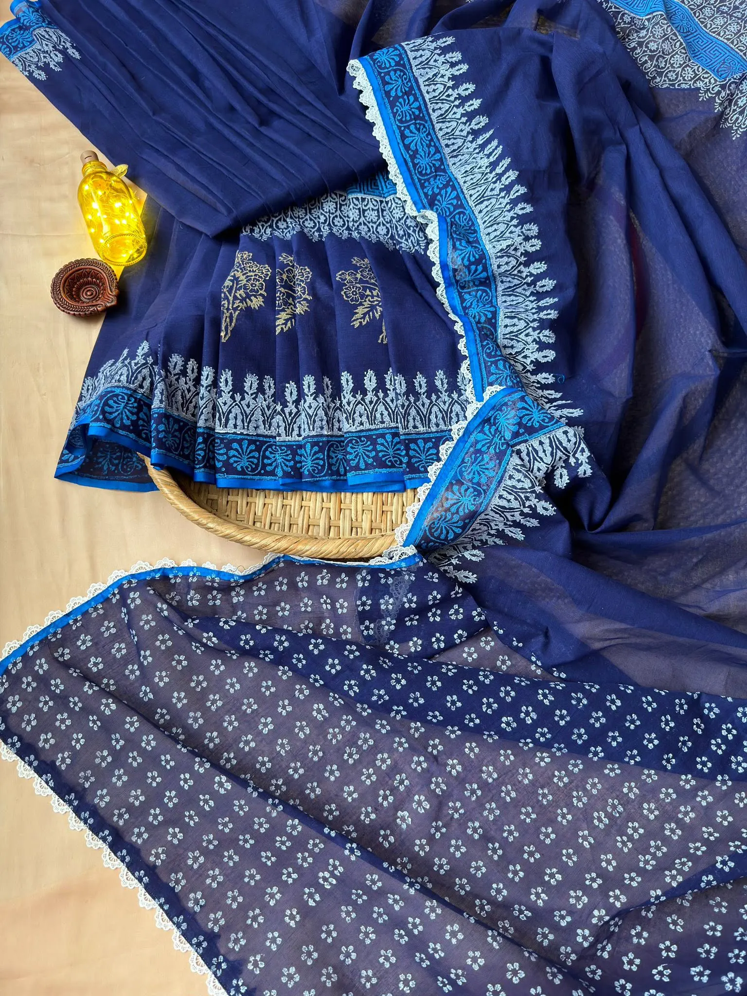 Midnight Blue Floral Border Saree with Sky Blue Accents - Image 6