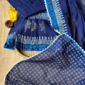 Midnight Blue Floral Border Saree with Sky Blue Accents