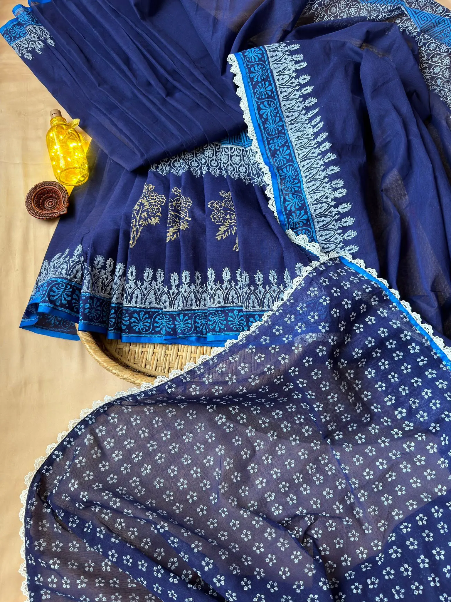 Midnight Blue Floral Border Saree with Sky Blue Accents