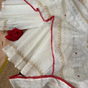 Ivory White Floral Jamdani-Inspired Saree with Gold & Red Border